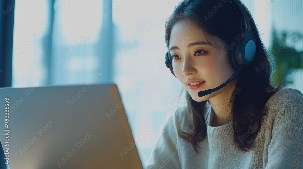 Young Woman Wearing Headset Working on Laptop at Home Young Woman Wearing Headset Working on Laptop at Home