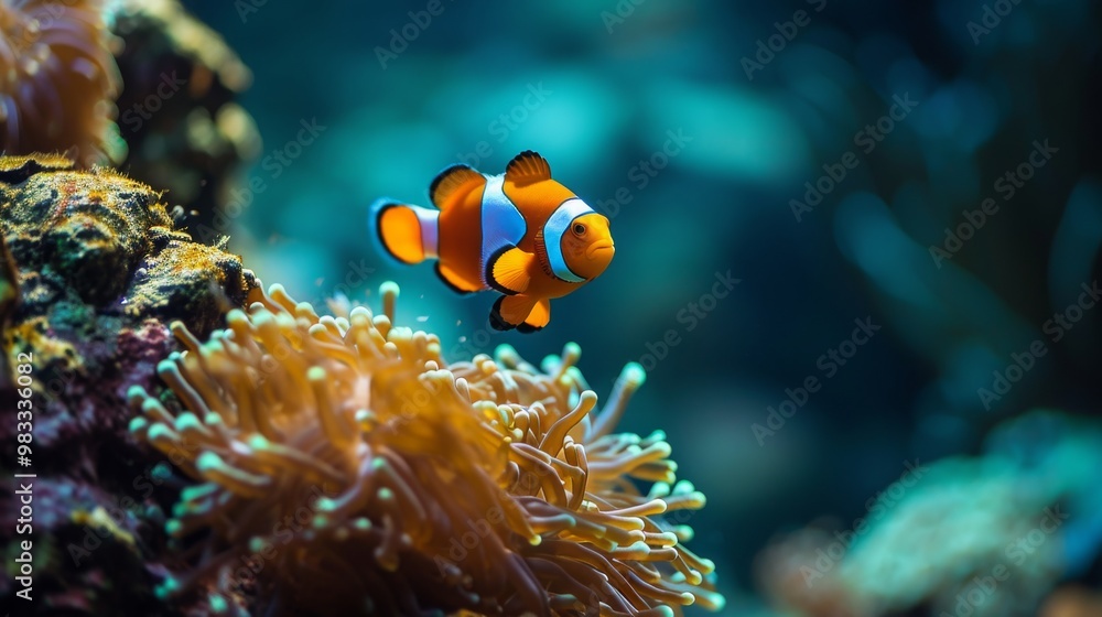 A vibrant orange and white clownfish swims past a coral reef in a clear blue tank. A vibrant orange and white clownfish swims past a coral reef in a clear blue tank.