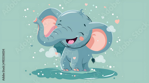 Cute cartoon elephant standing in water with a happy expression and hearts floating around it.