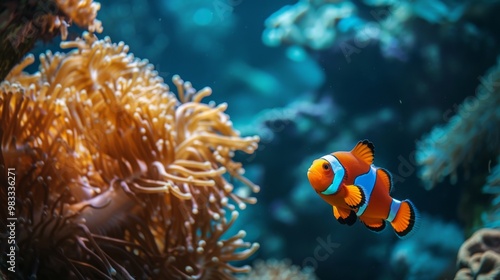 A vibrant orange and blue clownfish swims near a cluster of coral.