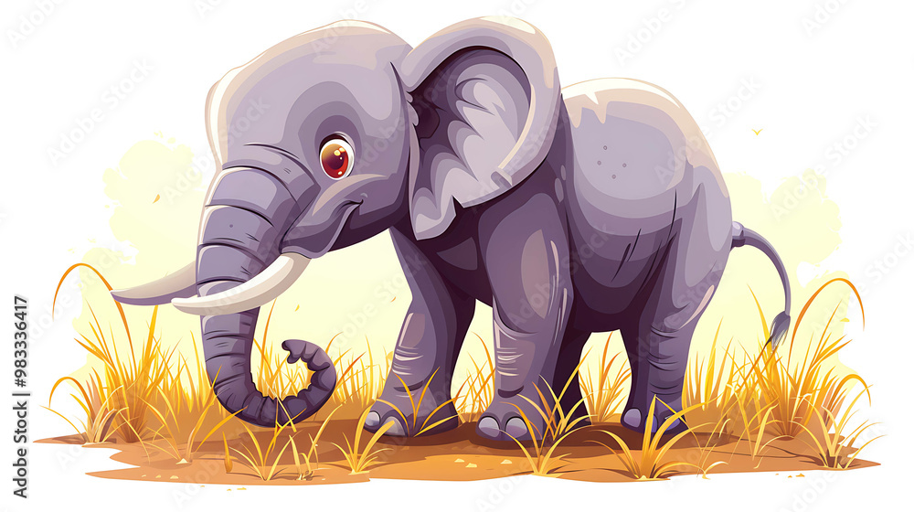 Obraz premium Cute cartoon elephant standing in tall grass.