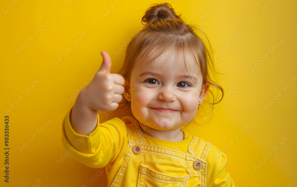 A little girl giving a thumbs up on a yellow background A little girl giving a thumbs up on a yellow background