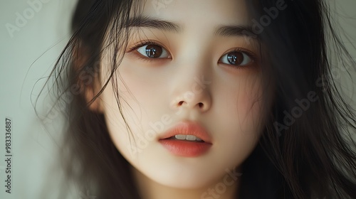 Close up portrait of young woman with brown eyes and long black hair