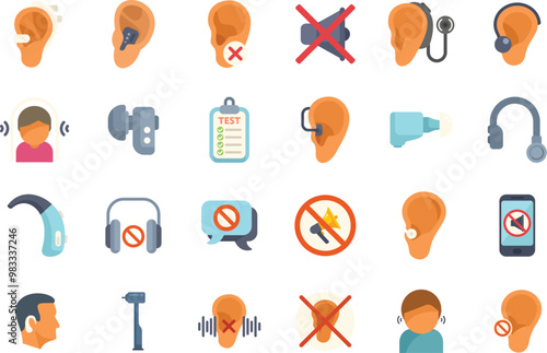 This set of icons is showing hearing loss, deafness, ear canal problems, and ear protection photo