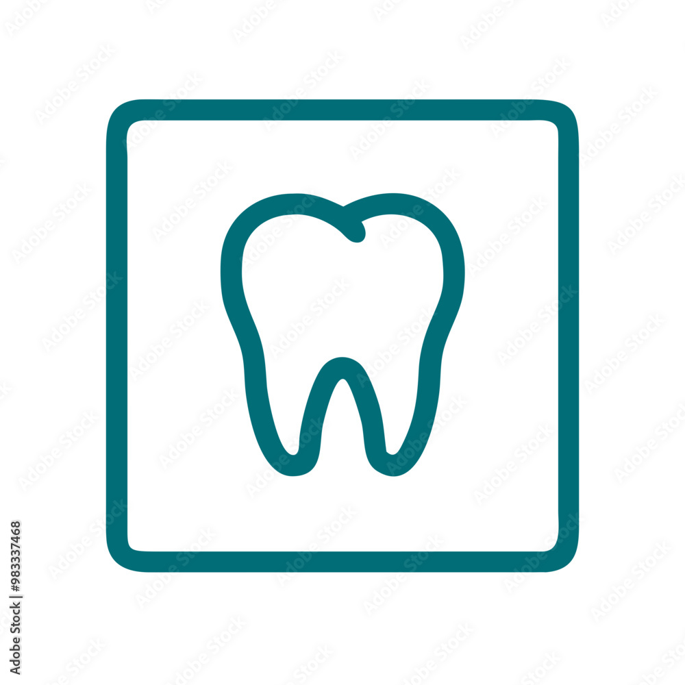 Tooth icon in square outline, green line art, dental health concept Tooth icon in square outline, green line art, dental health concept