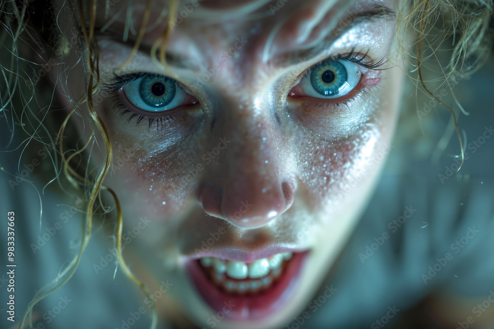 A close up of a woman with blue eyes and freckles on her face A close up of a woman with blue eyes and freckles on her face