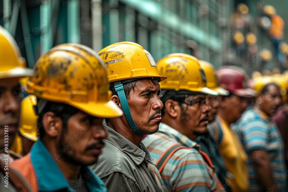 A group of construction workers wearing yellow hard hats A group of construction workers wearing yellow hard hats