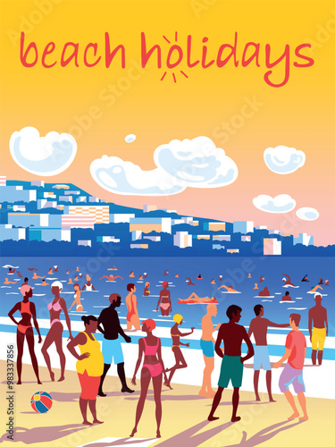 Vacationers and families swimming and sunbathing on a sunny beach under umbrellas at a resort. Summer beach family vacation and weekend. Comic hand drawn vector poster and illustration.