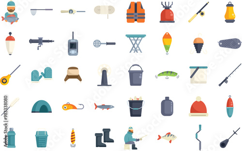 Large set of colorful icons for fishing showing a fisherman holding a fish, with various equipment and gear