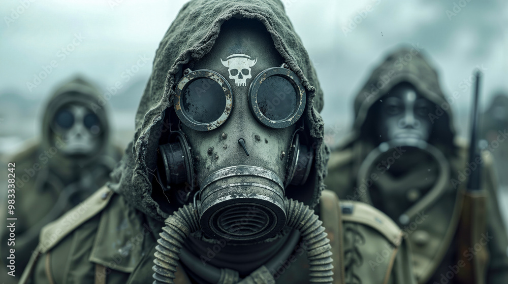 A group of people wearing gas masks and hooded jackets A group of people wearing gas masks and hooded jackets