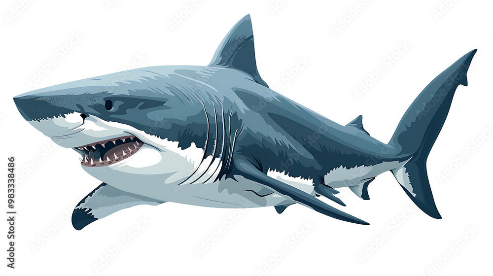 Obraz premium Illustration of a great white shark with its mouth open, showing sharp teeth.