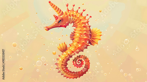 Illustration of a cute, cartoon seahorse with a unicorn horn and a crown. photo