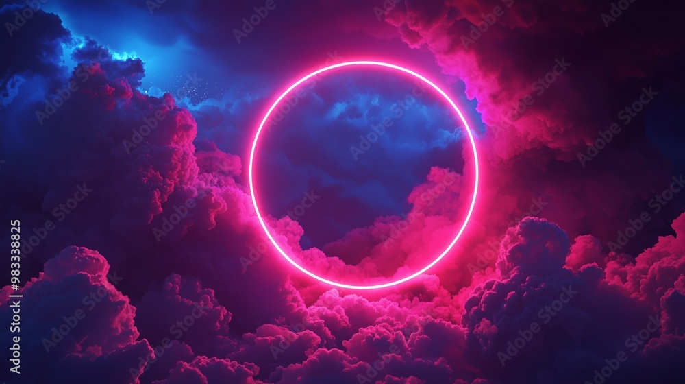 3d render abstract cloud illuminated with neon light ring on dark night sky. glowing geometric shape round frame. 3d render abstract cloud illuminated with neon light ring on dark night sky. glowing geometric shape round frame.