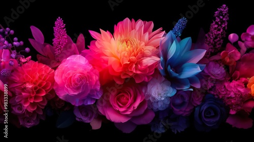 Wallpaper Mural Vibrant floral arrangement with pink, purple, and blue flowers against a black background. Torontodigital.ca