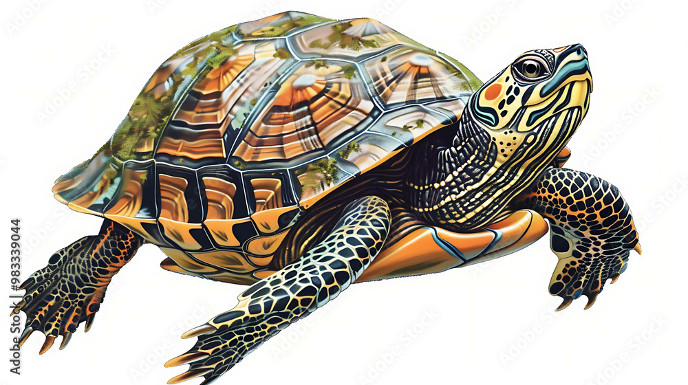 Fototapeta premium Colorful turtle with detailed shell and limbs.