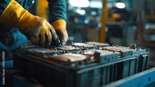 Close-up of a worker's hands in gloves assembling batteries in a factory, highlighting the industrial and manual labor involved. photo