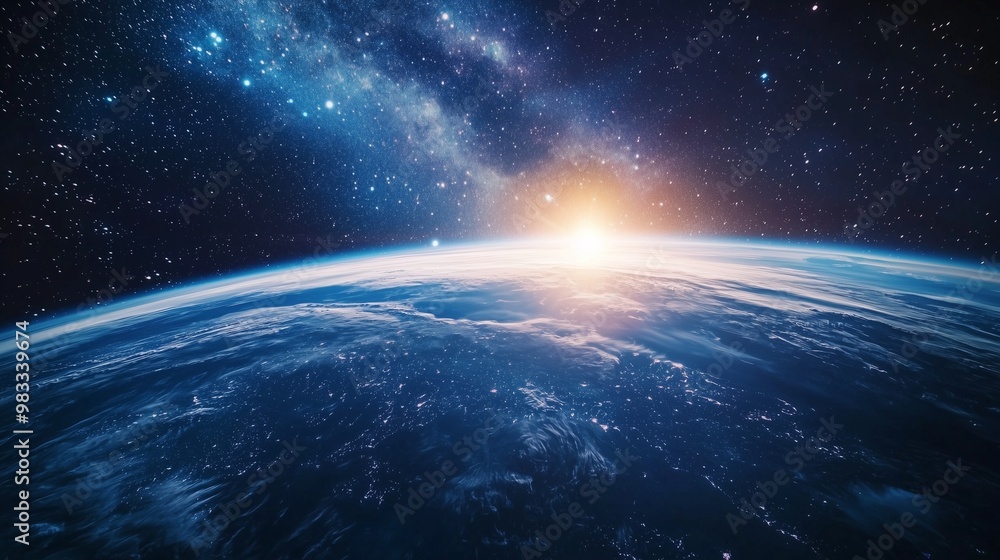 Blue sunrise view of earth from space with milky way galaxy. Blue sunrise view of earth from space with milky way galaxy.