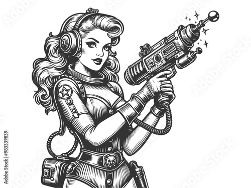 space girl holding a ray gun, wearing a futuristic spacesuit with headphones. Vintage sci-fi theme sketch engraving generative ai vector illustration. Scratch board imitation. Black and white image.