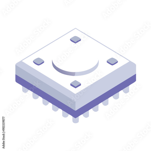 Square microchip icon in 3D isometric design, blue and white colors, electronics and tech symbol