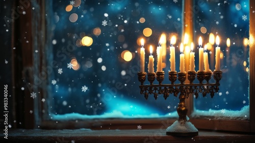 A Menorah with Burning Candles on a Windowsill During a Snowfall