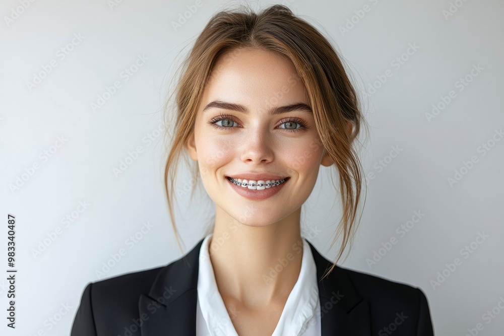 Portrait of a Smiling Woman with Braces in a Black Suit Portrait of a Smiling Woman with Braces in a Black Suit