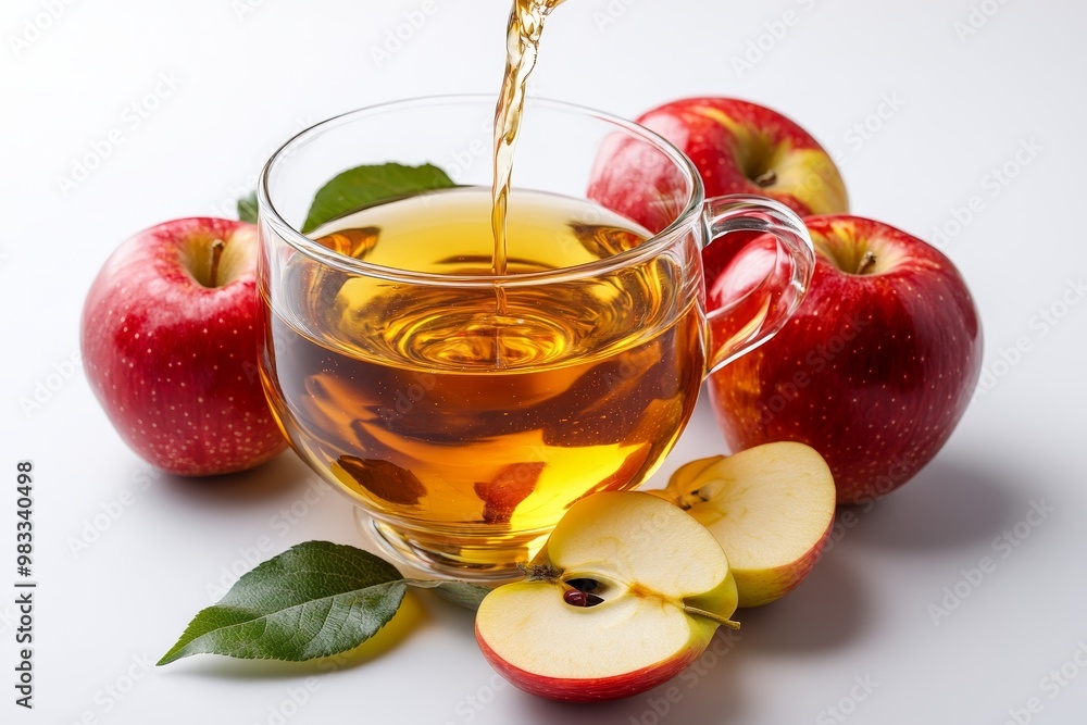 Refreshing Apple Cider Vinegar Drink in Glass Cup with Fresh Ripe Red Apples and Green Leaves Refreshing Apple Cider Vinegar Drink in Glass Cup with Fresh Ripe Red Apples and Green Leaves