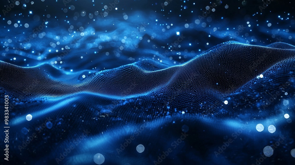 Abstract dark blue digital background with sparkling blue light particles and areas with deep depths particles form into lines surfaces and grids. Abstract dark blue digital background with sparkling blue light particles and areas with deep depths particles form into lines surfaces and grids.