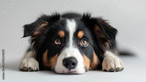 The studio portrait of the puppy dog australian shepherd lying on the white background looking at the copy space.