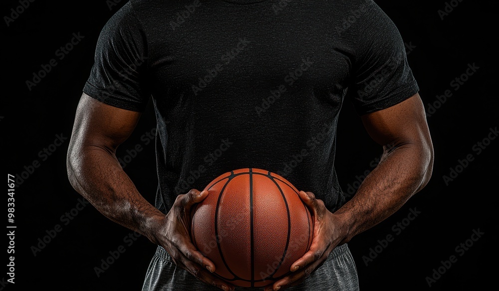 Close-up of a basketball player holding a ball displaying strength and focus in a low-light setting Close-up of a basketball player holding a ball displaying strength and focus in a low-light setting
