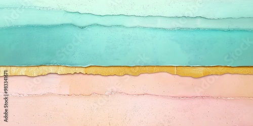 Abstract texture with smooth layers in soft pastel colors including teal, gold, and pink. The piece evokes calm and serene atmosphere, perfect for enhancing spaces with subtle elegance.