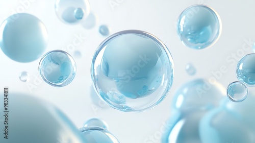 Close up of translucent blue bubbles floating on a white background.