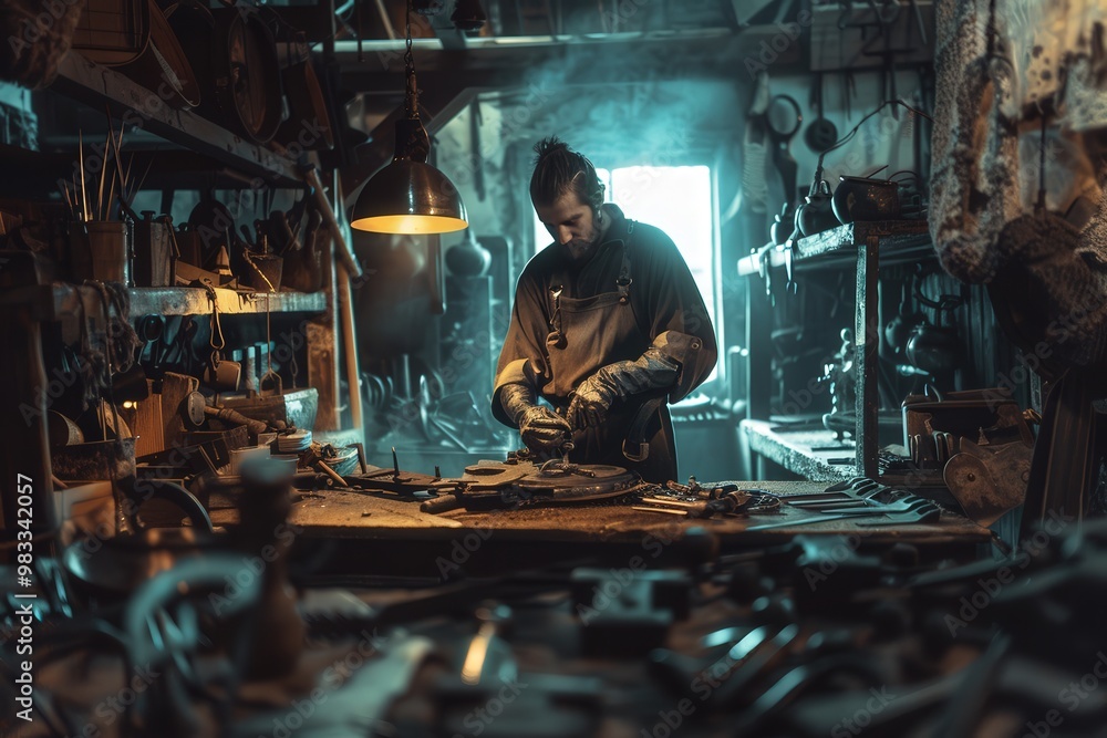 A dark room with a man standing in front of a fire, generative ai image A dark room with a man standing in front of a fire, generative ai image