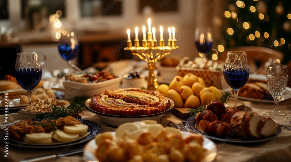 A Festive Dinner Table Setting with a Golden Candelabra and Multiple Dishes of Food A Festive Dinner Table Setting with a Golden Candelabra and Multiple Dishes of Food