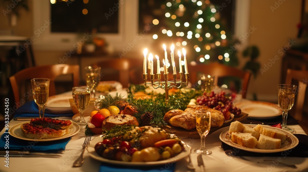 Festive Dinner Table with Candlelight and Food Festive Dinner Table with Candlelight and Food