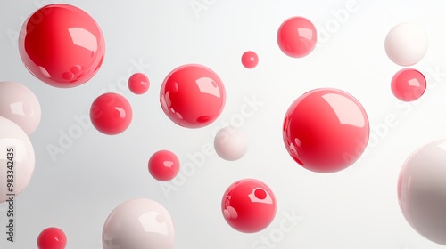 Abstract background of red and white glossy spheres floating in the air.