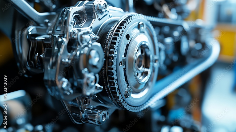 Fototapeta premium Close-up of an intricate machine gear mechanism, showcasing precision engineering and mechanical components in a modern workshop.