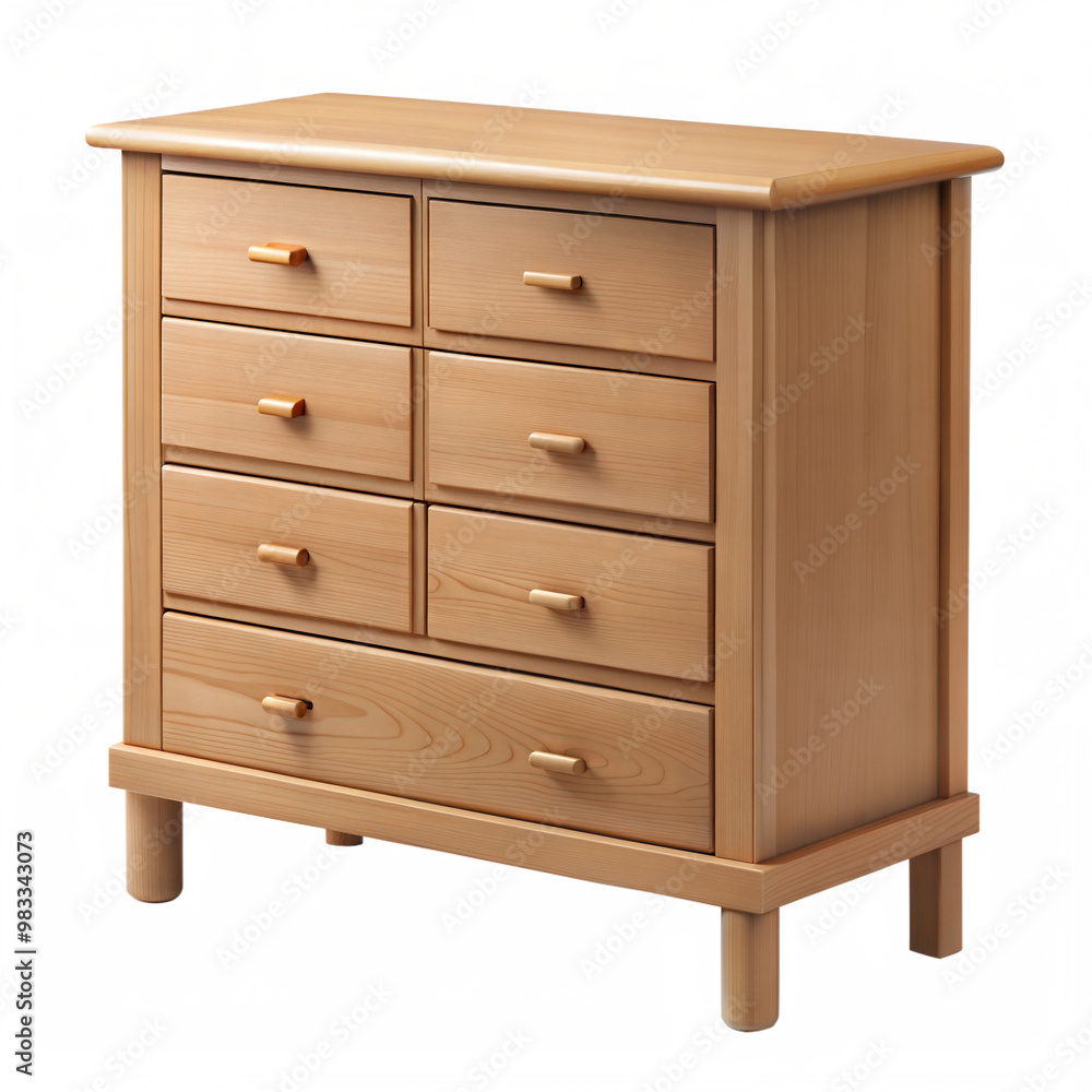 A simple wooden dresser with seven drawers, featuring smooth surfaces and round knobs, ideal for storage and organization in any room. A simple wooden dresser with seven drawers, featuring smooth surfaces and round knobs, ideal for storage and organization in any room.