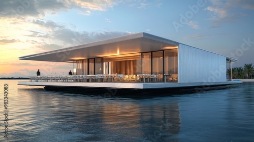 A floating restaurant with an exterior of sleek, white aluminum siding, designed to keep cool under the sun while providing panoramic views of the surrounding waters