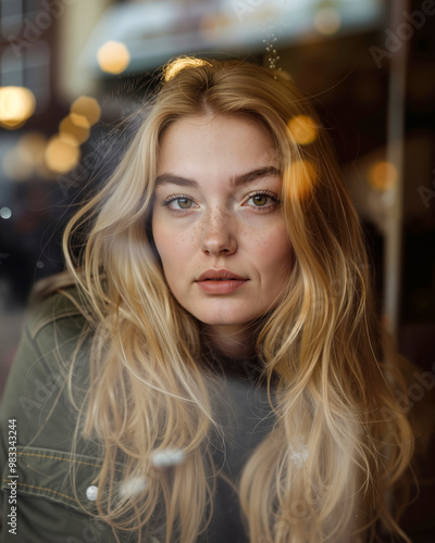 A woman with long blonde hair and freckles looking at the camera