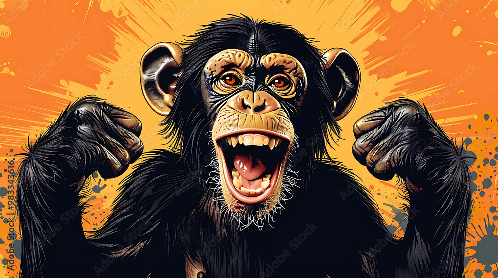 A cartoon chimpanzee with a big smile and clenched fists against an orange background. A cartoon chimpanzee with a big smile and clenched fists against an orange background.