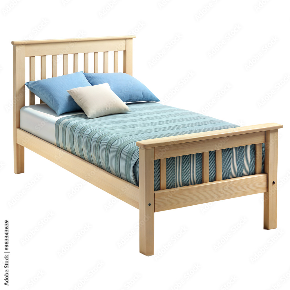 A simple wooden bed featuring slatted headboard, blue pillows, and a textured blanket, set against a black background. A simple wooden bed featuring slatted headboard, blue pillows, and a textured blanket, set against a black background.