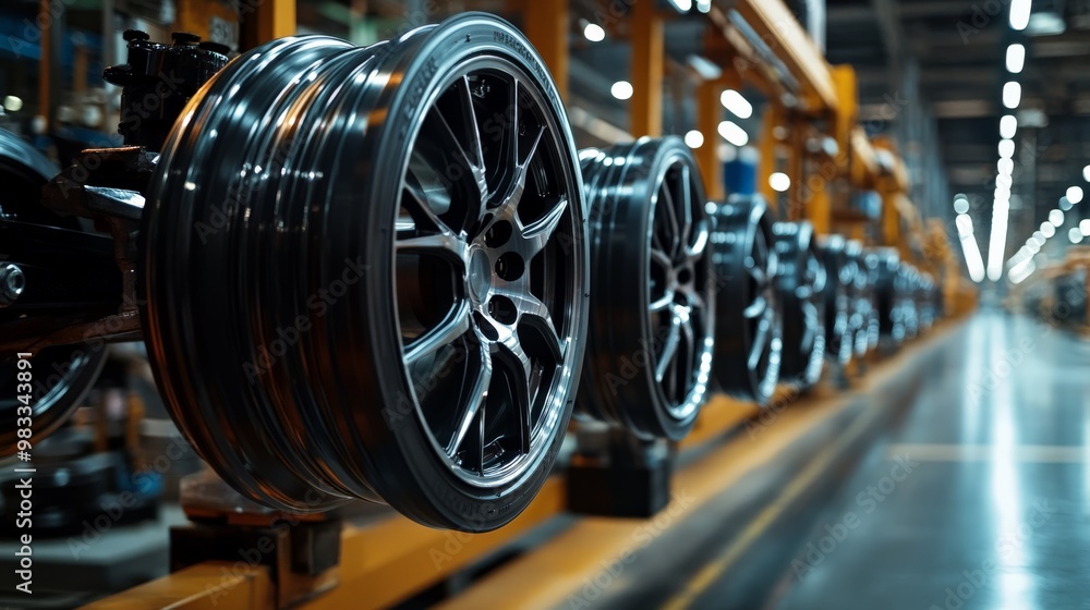 Close-up of automotive wheels on an assembly line in a factory setting, showcasing industrial manufacturing and precision engineering. Close-up of automotive wheels on an assembly line in a factory setting, showcasing industrial manufacturing and precision engineering.