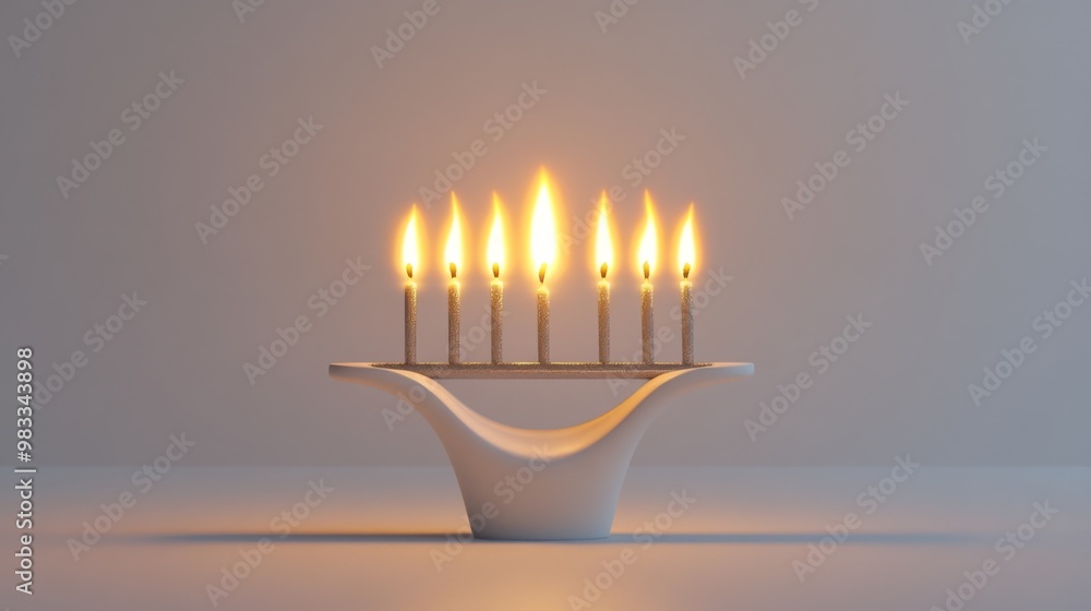 Lit Menorah with Six Candles on a White Stand Lit Menorah with Six Candles on a White Stand