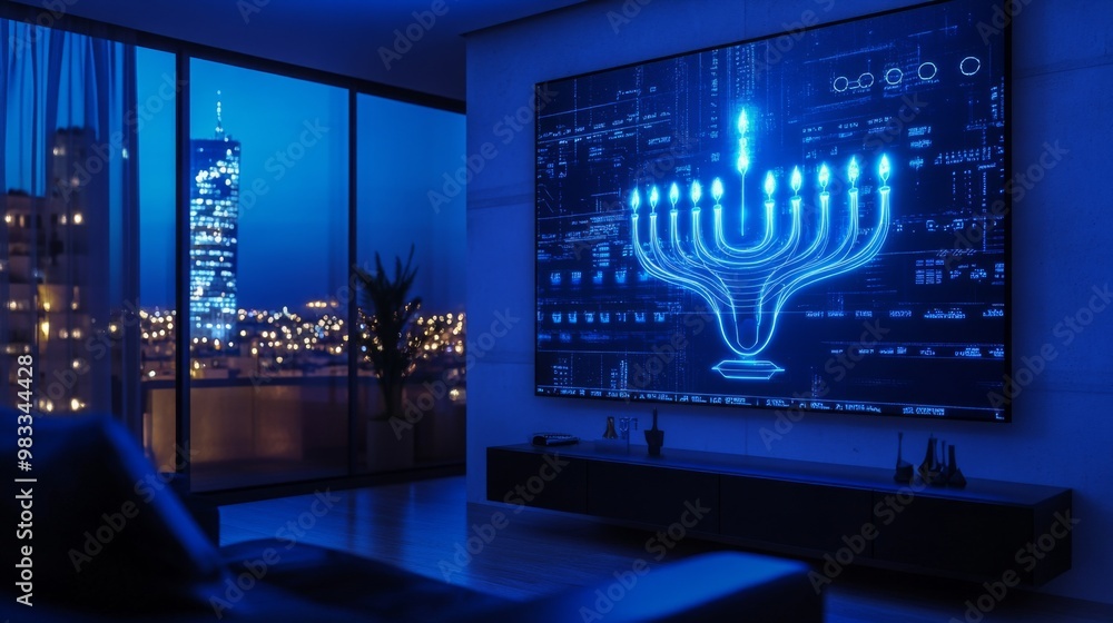 A Blue Menorah Displayed on a Television Screen in a Modern Apartment at Night A Blue Menorah Displayed on a Television Screen in a Modern Apartment at Night