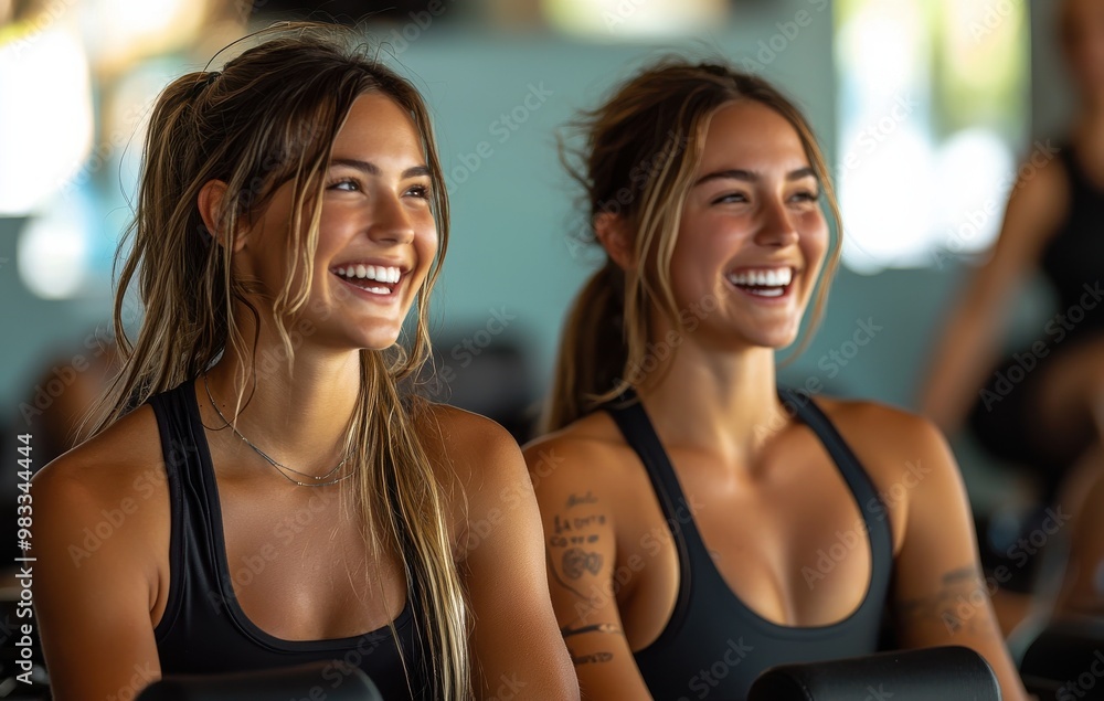 Two women enjoying a pilates session on reformers, sharing laughter and positivity during a workout session Two women enjoying a pilates session on reformers, sharing laughter and positivity during a workout session