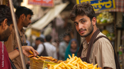 A man holding a basket of french fries in front of a crowd of people photo