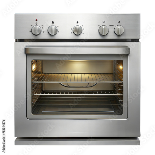 A modern stainless-steel oven with multiple controls and a spacious interior, ideal for baking and cooking various dishes. Isolated on transparent or white background. photo