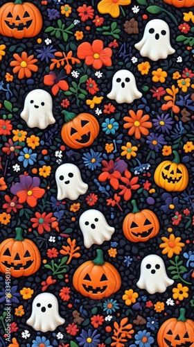 A black background with a bunch of halloween decorations