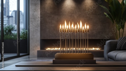 Modern Menorah with Burning Candles on a Table photo