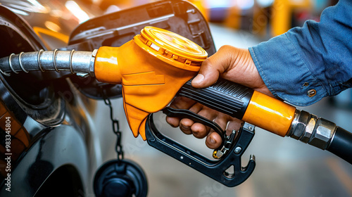 man hand holding a gas pump nozzle and filling up a car at the station is using a fuel benzin